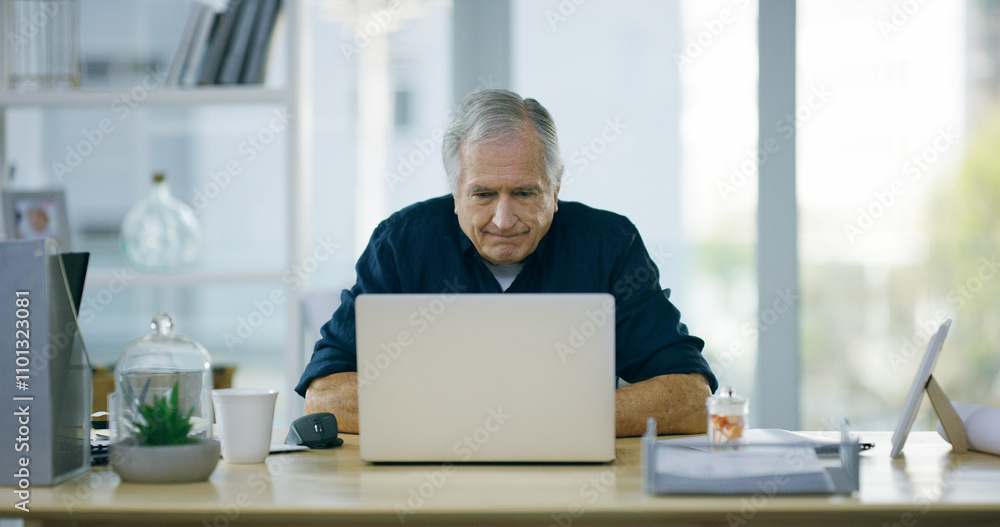 Mature man, laptop and website with entrepreneur, remote work and professional planning with research. Typing, serious and email with website, internet and search on technology at home office desk Mature man, laptop and website with entrepreneur, remote work and professional planning with research. Typing, serious and email with website, internet and search on technology at home office desk