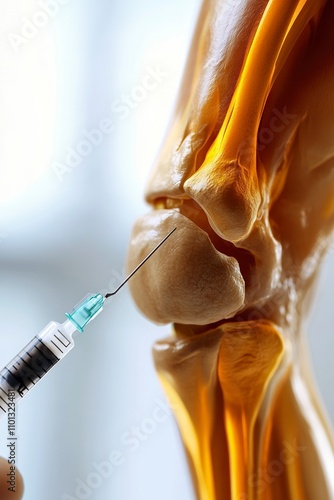 a close up image of a human knee joint which is inflammed and swollen, there is a needle for injection juat nearby the knee photo