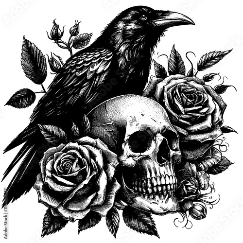 A crow tattoo perched on a skull with roses
