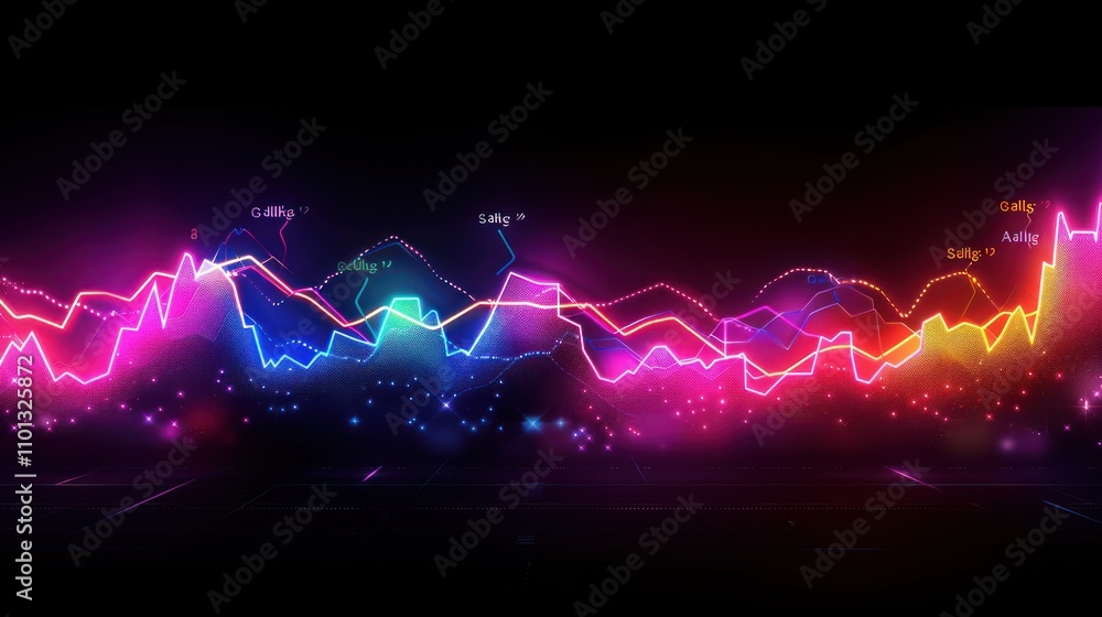 Vibrant neon lines depict dynamic stock market data fluctuations on dark background. Vibrant neon lines depict dynamic stock market data fluctuations on dark background.