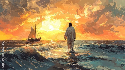 Jesus walks toward a vibrant sunset over the ocean, with waves gently rising and a distant sailboat peacefully anchored in the warm glow of evening light photo