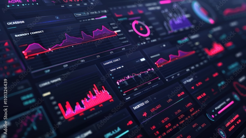 Fototapeta premium Data analytics dashboard with charts and graphs showing financial market data.