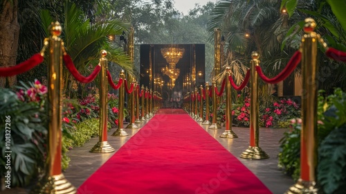 A grand red carpet entrance framed by polished golden poles and luxurious velvet ropes, styled with symmetry for a royal effect photo