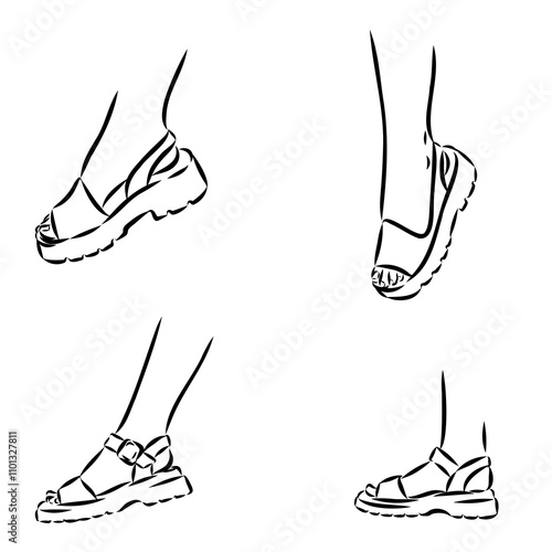 strap sandal outline drawing vector, strap sandal in a sketch style,