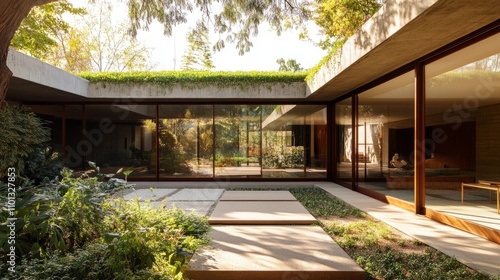 Wallpaper Mural A minimalist modern home with wide windows, a green roof, and a stylish patio area bathed in sunlight. Torontodigital.ca