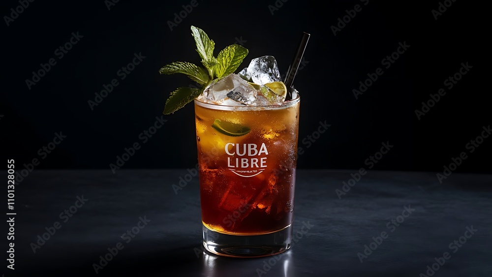Cuba libre cocktail with mint, ice and lime on dark background Cuba libre cocktail with mint, ice and lime on dark background