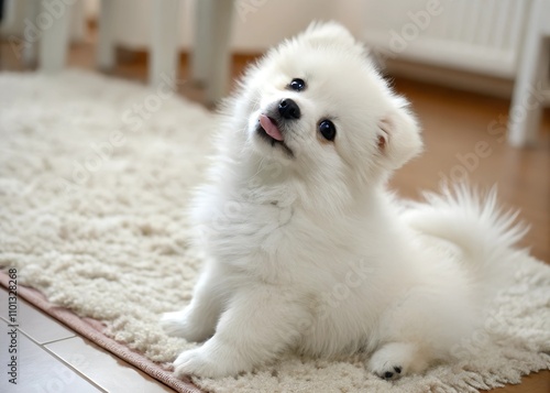 Foto white pomeranian puppy on the floor