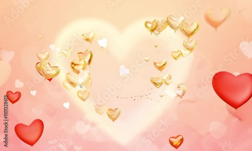 golden hearts background, Floating golden and red hearts on a soft peach background, forming a dreamy and romantic atmosphere, symbolizing love, affection, and warmth in a festive and elegant design photo