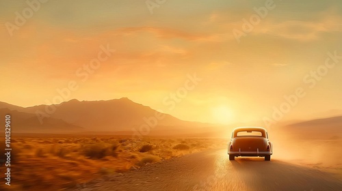 A vintage car silhouette blending with a sunlit desert road, evoking wanderlust and nostalgia.