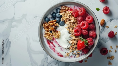 photograph of vibrant keto breakfast bowl fresh berries assorted nuts chia seeds coconut flakes creamy yogurt swirls sunlit modern kitchen white marble countertop instagramworthy presentation photo