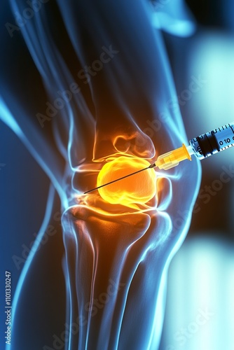 a close up image of a human knee joint which is inflammed and swollen, there is a needle for injection juat nearby the knee photo