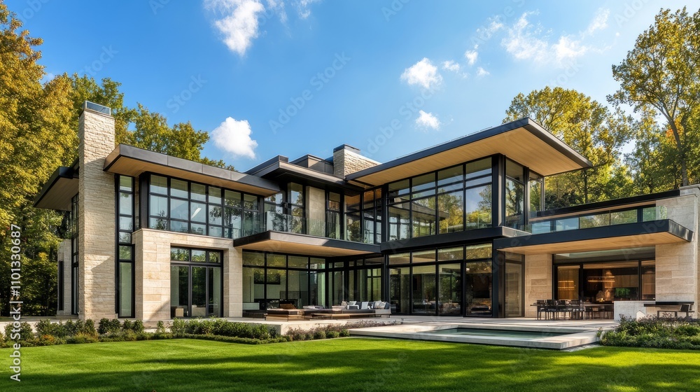 Elegant contemporary home with expansive glass windows and sleek architecture, set against a clear blue sky. Elegant contemporary home with expansive glass windows and sleek architecture, set against a clear blue sky.