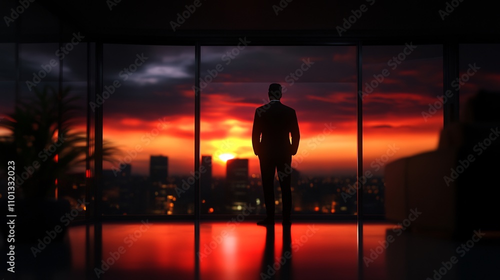 Fototapeta premium Silhouette of a Businessman Contemplating a Fiery Sunset Over a Cityscape