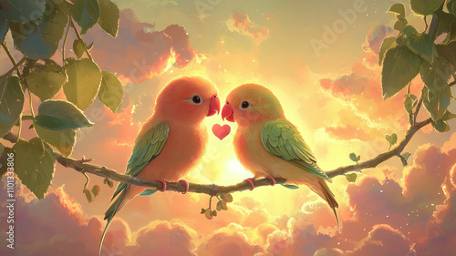 Two adorable cartoon style lovebirds.