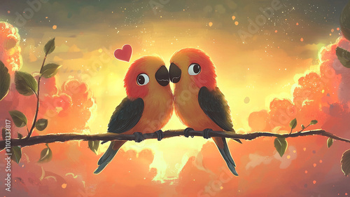 Two adorable cartoon style lovebirds.
