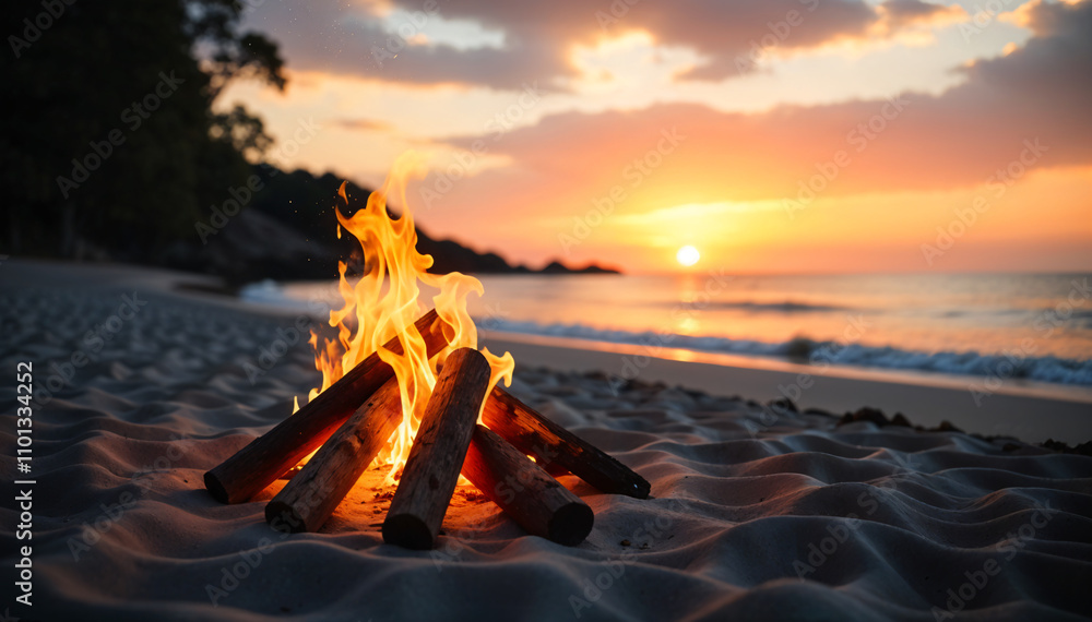 Fototapeta premium beautiful sunset over the sea is accompanied by a blazing fire on the beach, creating a warm and inviting atmosphere.