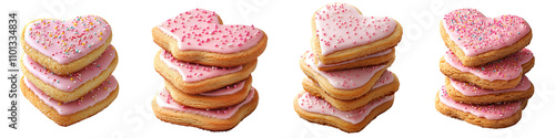 Set of a stack of heart-shaped cookies with pink icing and sprinkles, isolated on a transparent background.