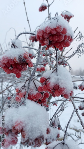Frosty berries on a snowy, Guelder rose (Viburnum opulus), winter day. branches of a rowan bush. Red Viburnum berries under the snowflakes