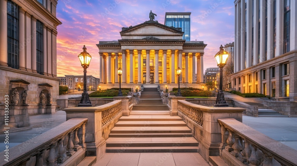 Fototapeta premium Majestic Neoclassical Architecture Against a Vibrant Sunset Sky