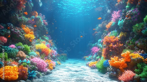 Vibrant Coral Reef Seascape: A breathtaking underwater scene, showcasing a vibrant coral reef teeming with life, bathed in sunlight.