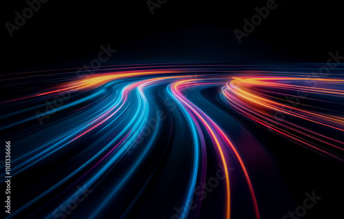 Elegant arcs of neon light in pink, blue, and orange create a flowing composition over a deep black background in a dynamic horizontal format.