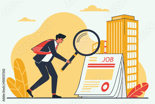 Job Seeker, Searching for New Job, Finding New Work Opportunity, Discover Vacancy, Employment or Human Resource Recruitment, Hiring Interview Concept, Businessman with Magnifying Glass Finding Job:
