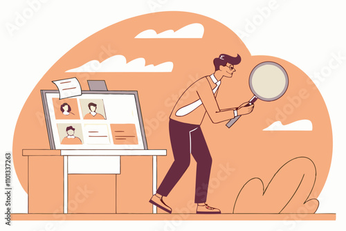 Job Seeker, Searching for New Job, Finding New Work Opportunity, Discover Vacancy, Employment or Human Resource Recruitment, Hiring Interview Concept, Businessman with Magnifying Glass Finding Job:
