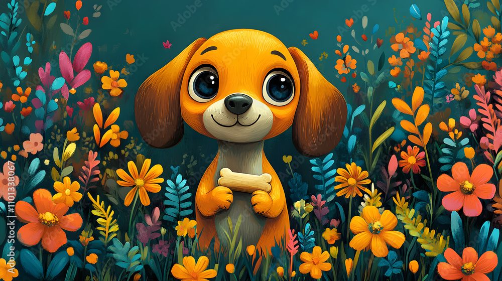 A playful cartoon-style illustration of a mischievous Beagle holding a bone, with exaggerated big eyes and floppy ears, surrounded by a colorful park scene filled with vibrant flowers and trees.