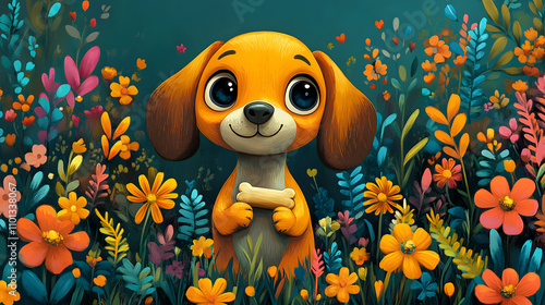 A playful cartoon-style illustration of a mischievous Beagle holding a bone, with exaggerated big eyes and floppy ears, surrounded by a colorful park scene filled with vibrant flowers and trees.