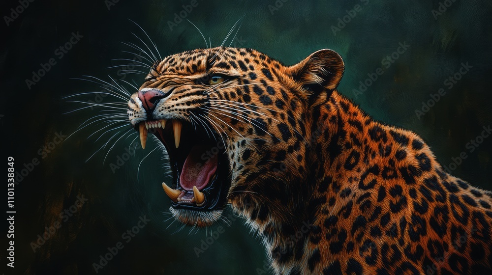 Obraz premium Roaring leopard close-up, showing teeth and fur detail against dark background.