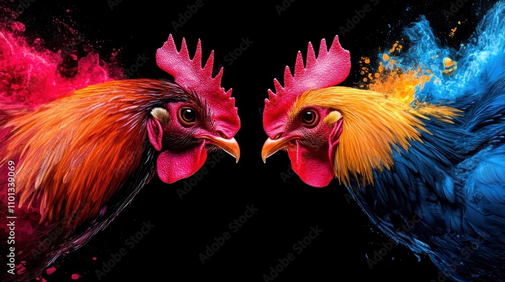 Fototapeta premium Vibrant Rooster Cockfight Confrontation - Colorful Illustration of Detailed Roosters with Brilliant Feathers Emphasizing Texture and Movement