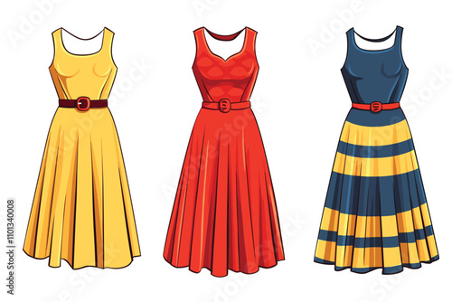 Set of various maxi Dress fashion vector illustration. Jersey sleeveless Dress fashion drawing template, front view.