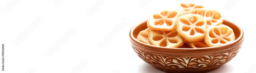 Lotus root slices in a decorative bowl, white isolate background. Lotus root slices in a decorative bowl, white isolate background.