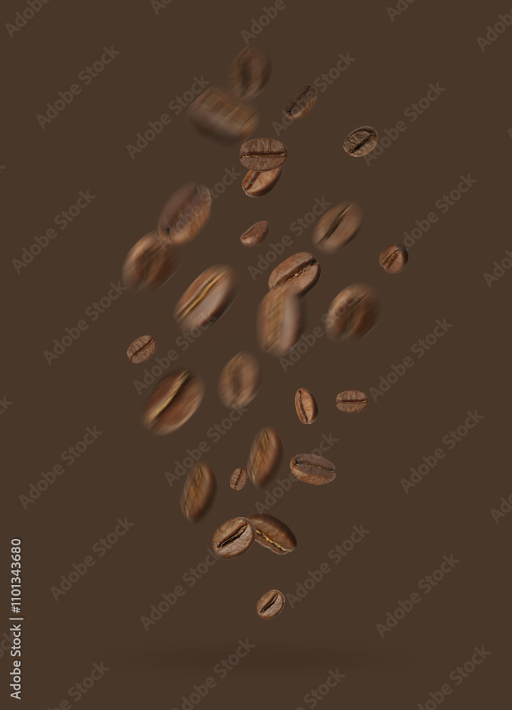 Obraz premium Aromatic roasted coffee beans falling on brown background