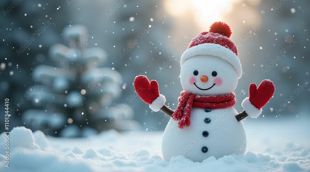 Fototapeta premium Snowman smiling standing on snow near fir trees. Cute New Year, Christmas character smiling in red mittens, scarf and hat.,