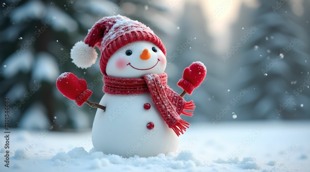Fototapeta premium Snowman smiling standing on snow near fir trees. Cute New Year, Christmas character smiling in red mittens, scarf and hat.,