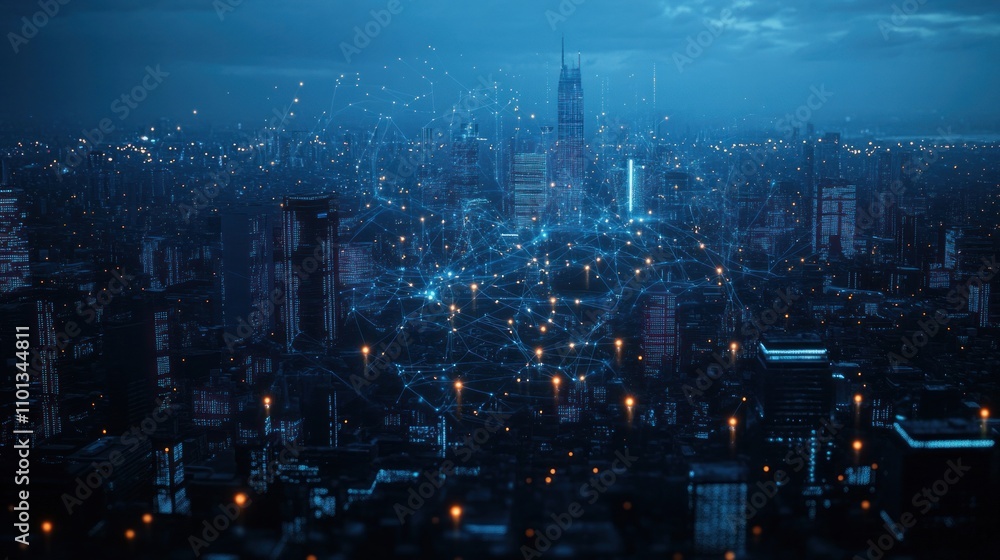 Fototapeta premium Cityscape at Night with Digital Network Overlay