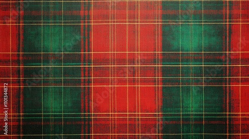 A vibrant red and green plaid fabric with a shiny finish, featuring intricate lines and classic Christmas tartan patterns