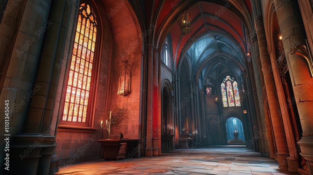 Fototapeta premium Majestic Cathedral Interior with Stained Glass Windows and Arched Ceilings