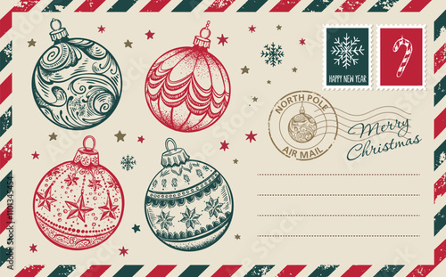 Christmas mail, postcard, hand drawn illustration.