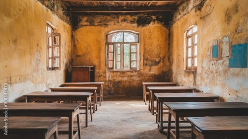 An empty traditional classroom with wooden furniture, showcasing a serene and organized learning environment