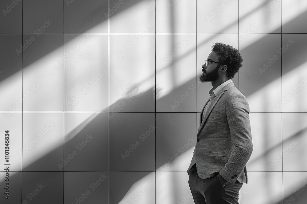 Fototapeta premium Man in a stylish suit poses thoughtfully against a light and shadow backdrop in an urban setting