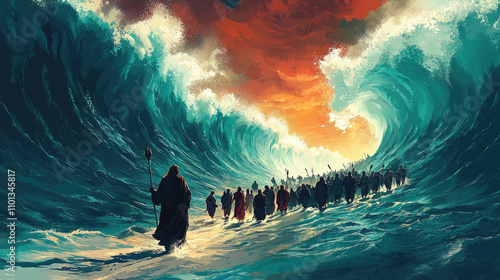 Wallpaper Mural Moses parts the Red Sea as the Israelites cross on dry ground during the Exodus, surrounded by towering waves and a dramatic sunset Torontodigital.ca