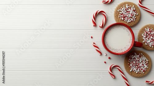 Festive christmas cookies, candy canes and hot cocoa, winter treats setup, 3D illustration