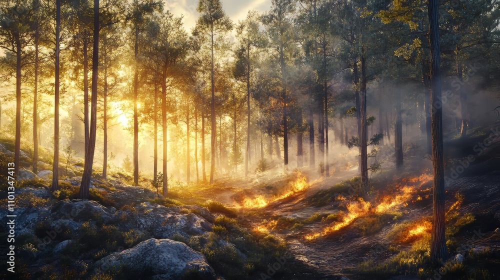 Preventing wildfire spread in forests through barrier creation. concept wildfire prevention, forest management, barrier creation, environmental protection. Preventing wildfire spread in forests through barrier creation. concept wildfire prevention, forest management, barrier creation, environmental protection.