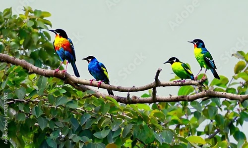 Vibrant birds with colorful plumage perch on a tree branch amidst lush green leaves, with one bird in mid-flight, highlighting the beauty and liveliness of tropical wildlife photo