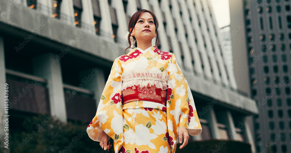 Fashion, kimono and thinking with Japanese woman in city for heritage, festival ceremony and culture. Traditional clothes, reflection and low angle with person and Japan outdoor for pride and peace Fashion, kimono and thinking with Japanese woman in city for heritage, festival ceremony and culture. Traditional clothes, reflection and low angle with person and Japan outdoor for pride and peace