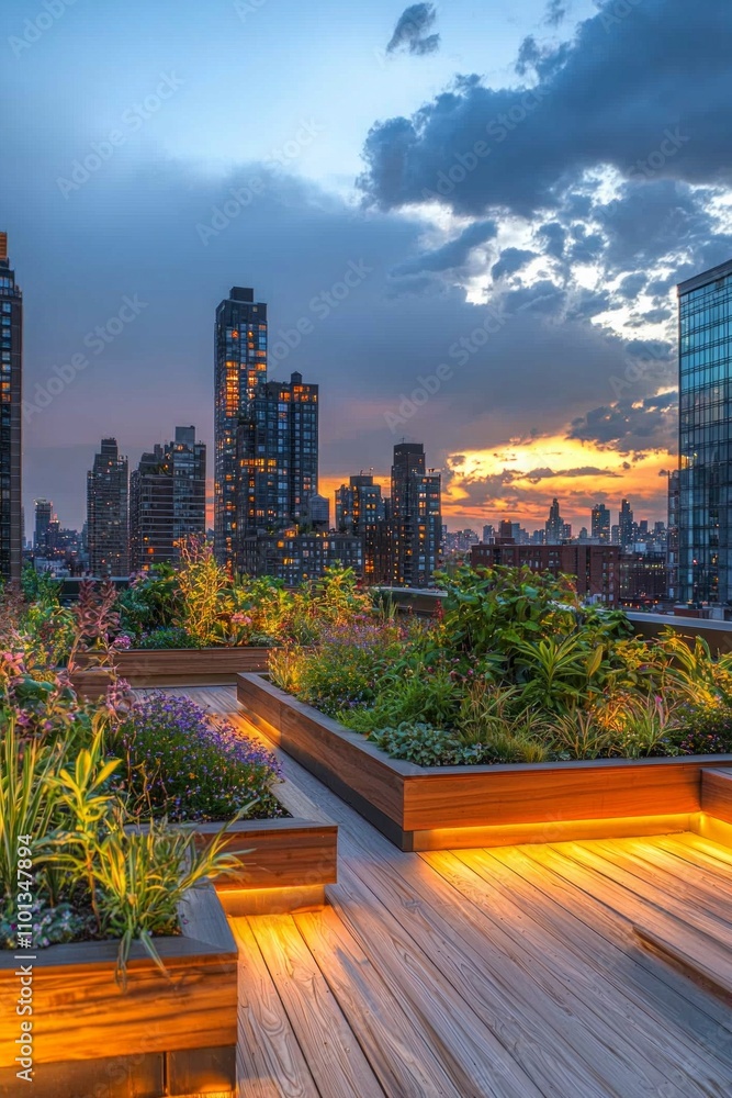 Fototapeta premium A rooftop garden in a city with a city skyline in view, featuring wooden seating and plants in raised planters lit up by warm lights, set against an evening sky. 
