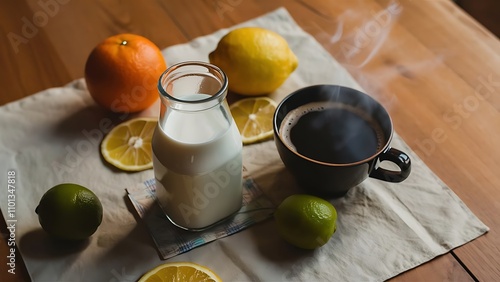 Wallpaper Mural Close up view of bottle of milk, cup of coffee and citrus fruits on wooden surface Torontodigital.ca