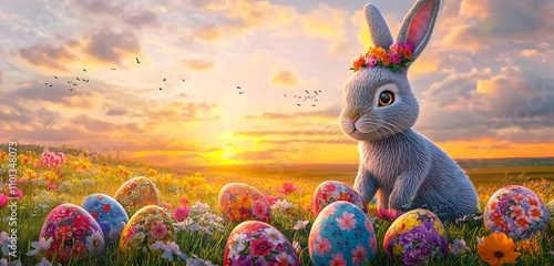 Floraldecorated Easter bunny and eggs in a colorful spring meadow at sunset photo